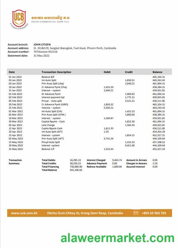 Cambodia Union Commercial bank statement Word and PDF template